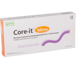 CORE.IT DUAL AUTOMIX – специализированный фторсодержащий композит двойного отверждения. ПОКАЗАНИЯ К ПРИМЕНЕНИЮ изготовление культевых вкладок прямым способом. наращивание зубной культи; реставрация коронковой части витальных или девитализированных единиц; фиксация стекловолоконных штифтов; Действие материала: биоактивное. ХАРАКТЕРИСТИКИ МАТЕРИАЛА прочность цемента соответствует прочности твердых тканей зуба (300Мпа). рабочее время 1, 5 минуты; рентгеноконтрастность; оптимальная текучесть; полный процесс отверждения длится 4 минуты; простота применения; высокое качество фиксации; возможность замешивания на блокноте или применять насадку для автосмешивания; отличная адгезия к стекловолокну и металлу; Композит обладает уникальным механизмом термозависимой химической полимеризации и твердеет достаточно глубоко. УПАКОВКА насадки для автосмешивания; 2 шприца с композитом по 10 г каждый; блокнот для приготовления материалов химического отверждения. насадка для экономии материала; ОСОБЕННОСТИ МАТЕРИАЛА отсвечивание толщиной 3, 81 мм. уменьшение объема материала относительно исходного в процессе реакции полимеризации – 1, 5 %; предел прочности на сжатие – 297 Мпа; предел прочности на растяжение – 9,2 Мпа; Материал очень прост в применении, что позволяет специалисту выполнить процедуру восстановления культи на штифте за 3-4 минуты, сохраняя при этом прочность всей конструкции.